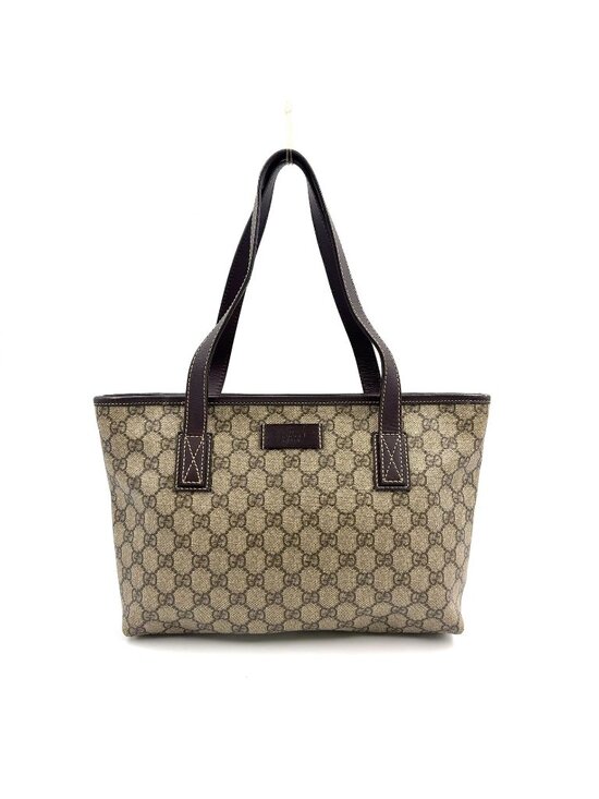 Gucci Handbags - Gucci GG Supreme Leather Canvas Khaki Beige Dark Brown Tote Bag Silver